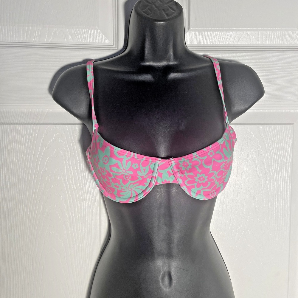 Kulani Kinis Ditzy Underwire Bra Bikini Top Womens Small Pink Green Yukka Tucca